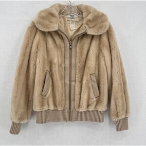 Vintage Lilli Ann I. Magnin Womens Tan Faux Fur Full Zip Bomber Jacket